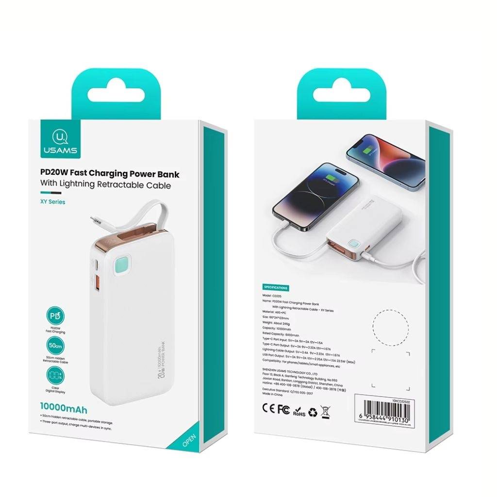Power Bank USAMS 10000mAh - Carga Rápida 20W