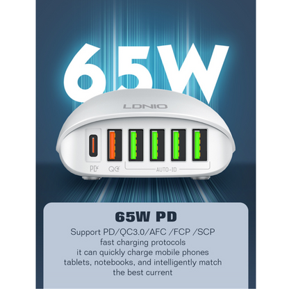 Cargador Pared 1PD65W+1QC3.0+4 Smart IC LDNIO A6573C