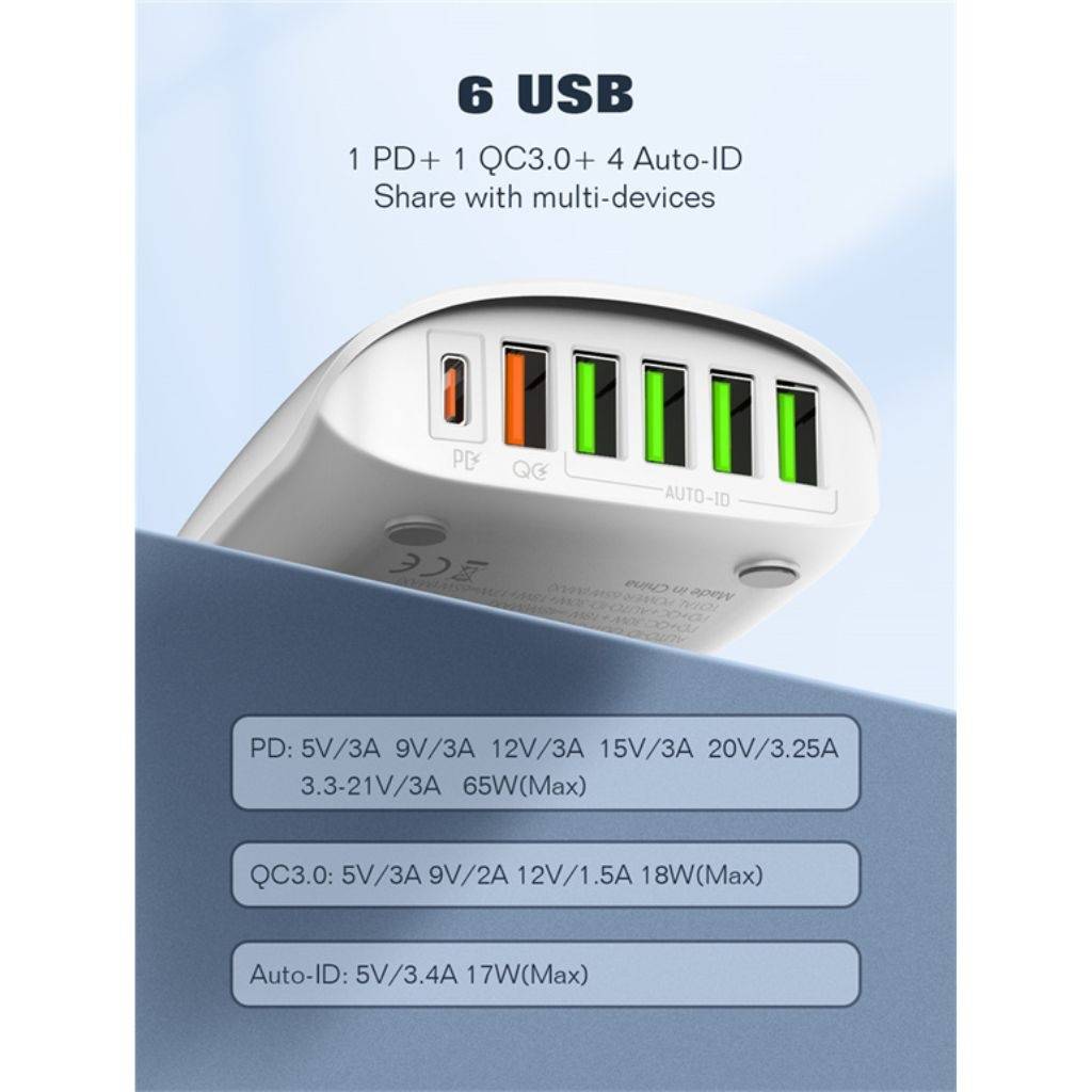 Cargador Pared 1PD65W+1QC3.0+4 Smart IC LDNIO A6573C