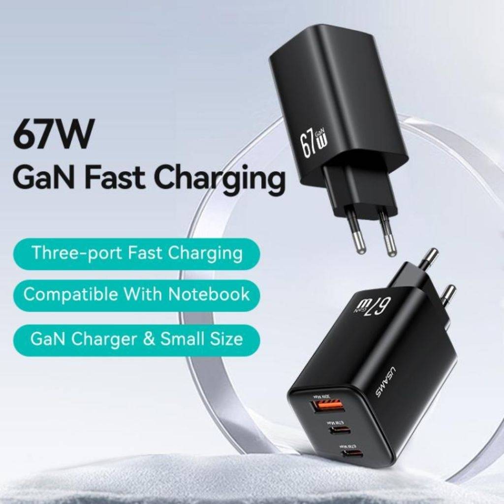 Cargador de Pared USAMS 67W GaN - Carga Rápida con 3 Puertos