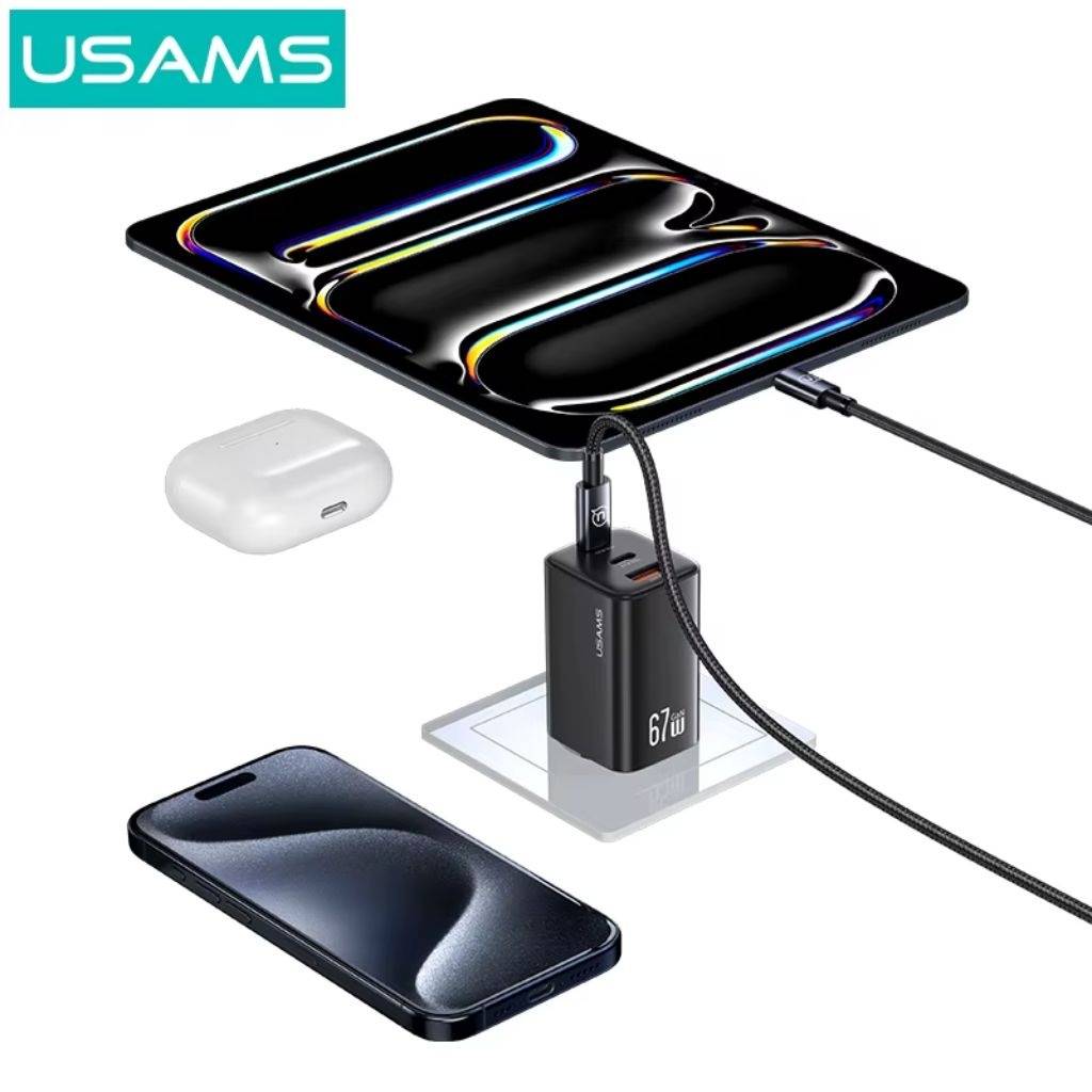 Cargador de Pared USAMS 67W GaN - Carga Rápida con 3 Puertos