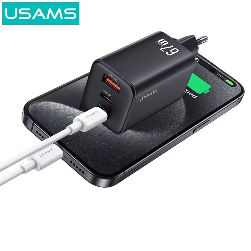 Cargador de Pared USAMS 67W GaN - Carga Rápida con 3 Puertos