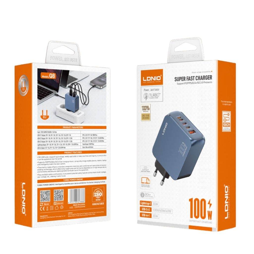 Cargador de Pared Q8 3 USB-C/1 Lightning / 1 USB-A USB C a USB C 100W Azul/Negro LDNIO