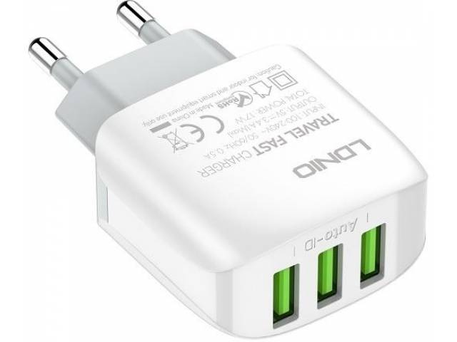 Cargador Pared 3.4A 3 USB 17W Tipo C Blanco LDNIO A3312