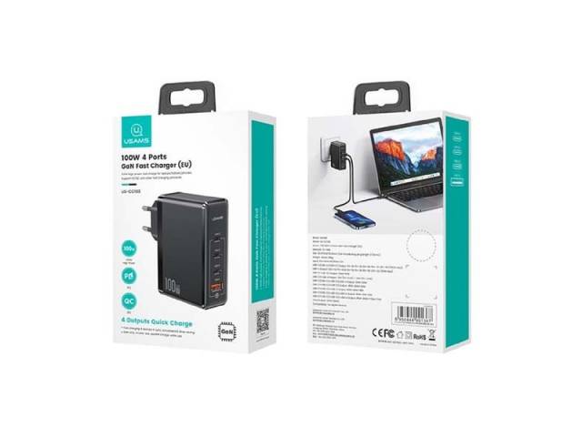 Cargador de Pared Rápido T50 100W 4 puertos GaN Negro CC163 USAMS