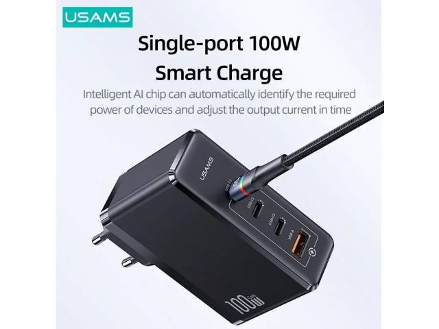 Cargador de Pared Rápido T50 100W 4 puertos GaN Negro CC163 USAMS