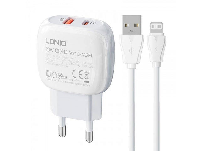 Cargador Pared 3A PD 20W (USB-C)+ QC3.0 LDNIO A2313C