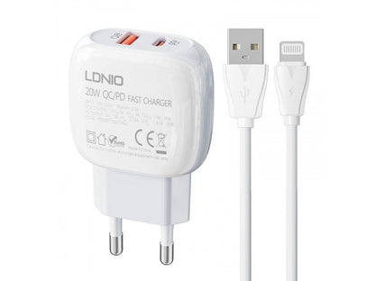 Cargador Pared 3A PD 20W (USB-C)+ QC3.0 LDNIO A2313C