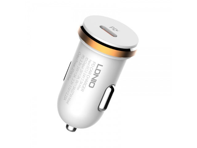 Cargador Auto C22Q USB C a Tipo C 27W Carga Rápida Blanco LDNIO
