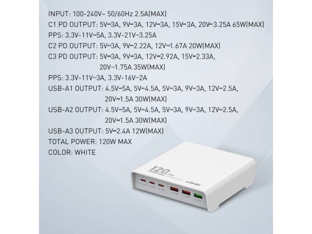 Estación de Carga de Escritorio 120W 3 USB A + 3 USB C LDNIO Q605