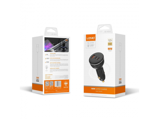 Cargador Auto C102 USB C a Tipo C 160W PD30W+PD30W+QC100W Negro LDNIO