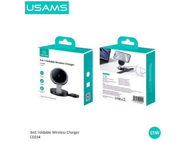 Cargador Inalámbrico USAMS 3 en 1 - Carga Rápida 15W