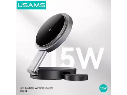 Cargador Inalámbrico 15W 3 en 1 Carga Rápida Negro CD234 USAMS