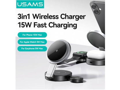 Cargador Inalámbrico 15W 3 en 1 Carga Rápida Negro CD234 USAMS
