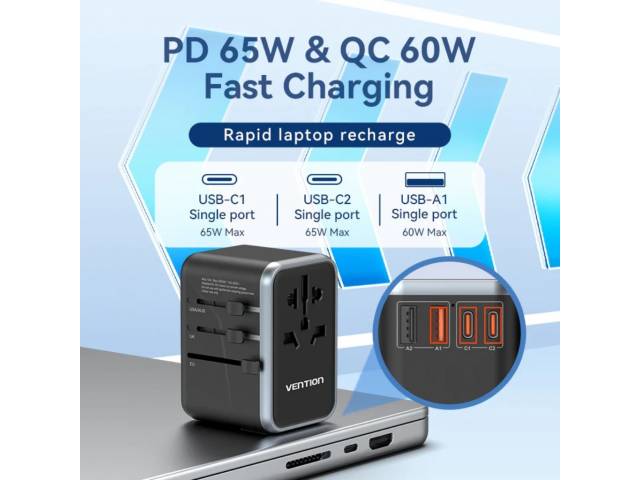 Cargador de Viaje Vention GaN 65W - Carga Rápida Universal