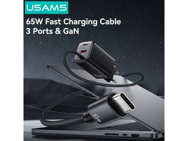Cargador Pared 65W USB A + 2 USB C GaN Carga Rápida Tipo C a Tipo C Negro CC266 USAMS