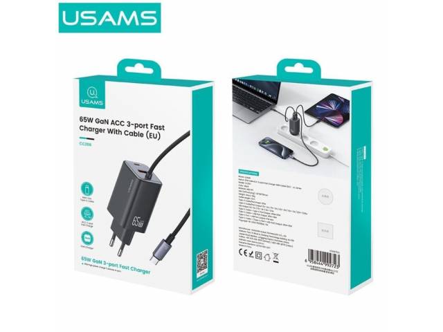 Cargador Pared 65W USB A + 2 USB C GaN Carga Rápida Tipo C a Tipo C Negro CC266 USAMS