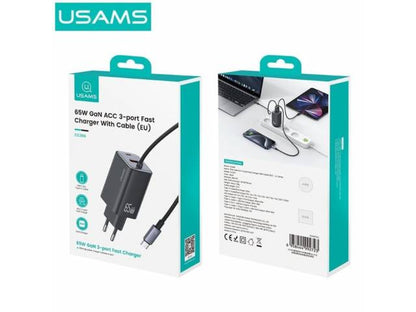 Cargador Pared 65W USB A + 2 USB C GaN Carga Rápida Tipo C a Tipo C Negro CC266 USAMS