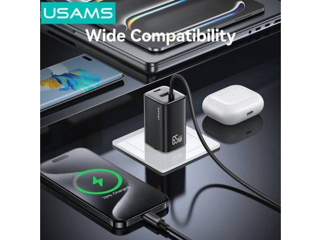 Cargador Pared 65W USB A + 2 USB C GaN Carga Rápida Tipo C a Tipo C Negro CC266 USAMS