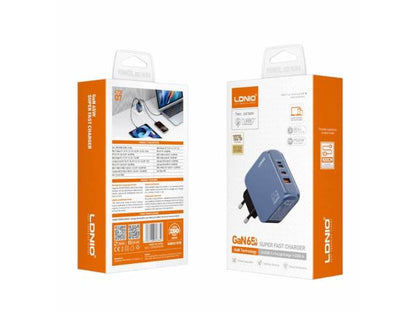 Cargador de Pared Q7 2 USB-C/1 Lightning/1 USB-A USB C a USB C 65W Azul/Negro LDNIO