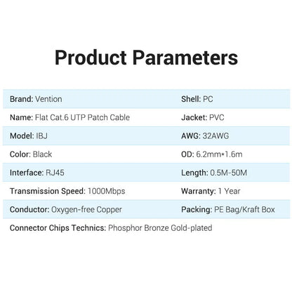 Cable de Red Cat.6 UTP / Flat(Plano) / Negro Vention